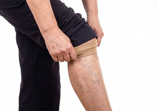 Senior patient putting on medical compression stockings to treat varicose veins and leg circulation.