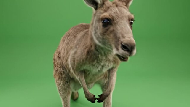 Young kangaroo standing upright on green studio background with clean copy space for branding