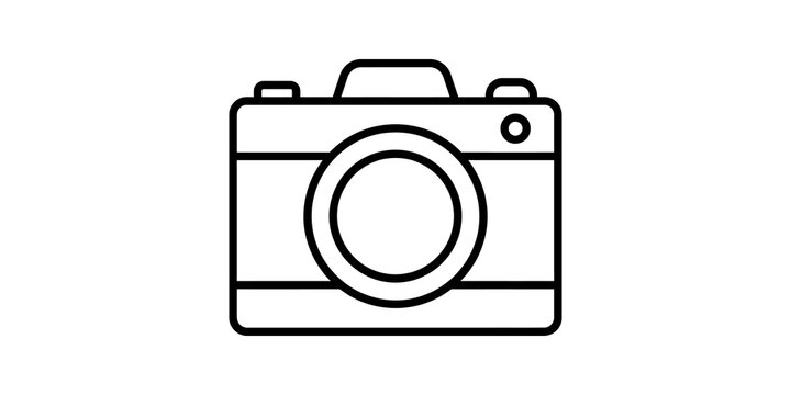 Minimal photo camera line art outline icon for photography app design.