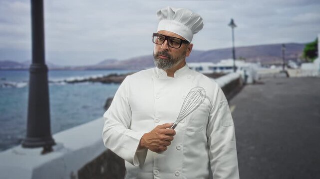 Man chef wearing white uniform and toque holds metal whisk in right hand on seaside promenade by ocean wall; pride tradition craft.