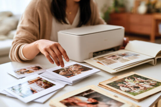 A woman is engaged in printing and organizing photographs to create a scrap book, mixing modern technology with traditional methods of preserving memories.