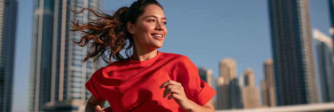 L&auml;chelnde Joggerin in rotem Sportoberteil mit Pferdeschwanz l&auml;uft vor Wolkenkratzern unter blauem Himmel, realistischer Stil in Rot- und Blaut&ouml;nen f&uuml;r Sport-Werbung oder Gesundheits-Blogs.