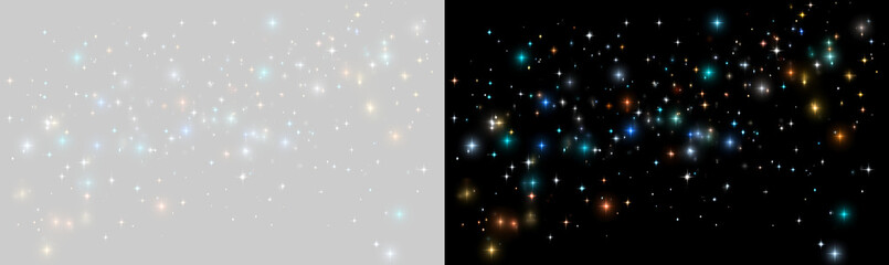 Sparkling magic dust overlay with multicolored glowing stars. Glitter particle effect on transparent and black background © ALEXA