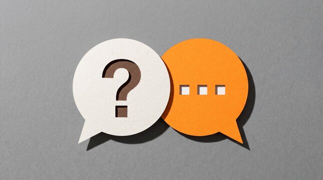 White and orange paper speech bubbles with question mark and ellipsis symbols on gray background with message