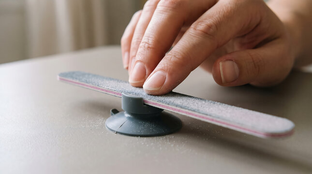 Woman filing her fingernails using an emery board fixed to a suction cup holder for a hands free manicure and nail care routine at home