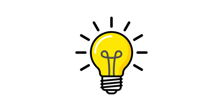 Bright yellow light bulb flat icon graphic design for innovation concepts.
