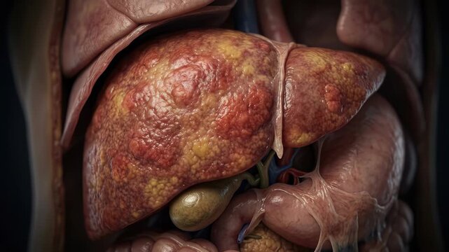 Afflicted vital presentation: liver hepatitis, human body, cellular damage, chronic illness, health risk, medical problem, internal pathology.