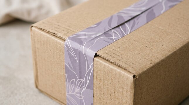 Cardboard shipping box sealed with decorative floral pattern adhesive tape