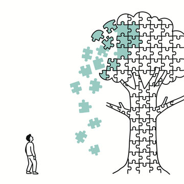 Person Observing a Crumbling Puzzle Tree Vector Illustration
