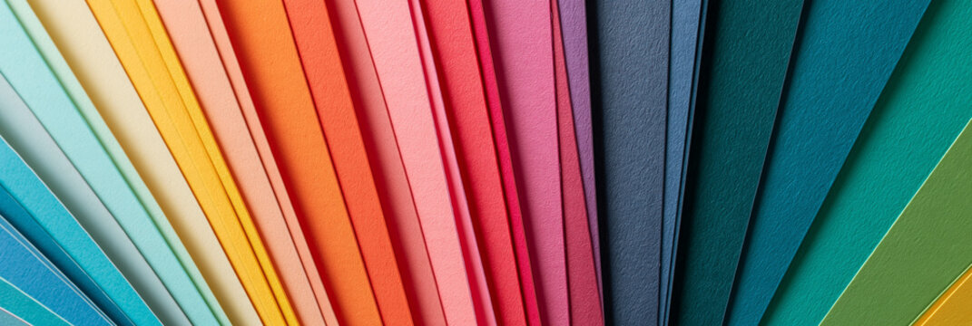 F&auml;cherf&ouml;rmig angeordnete Farbmuster in T&uuml;rkis, Gelb, Orange, Rot und Blau als Farbpalette, realistischer Stil, f&uuml;r Malerbetrieb, Innenarchitektur oder Website-Header.