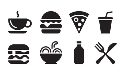 Fototapeta premium Varied collection of fast food meal symbols including burgers pizza bowls and drinks perfect for restaurant branding menus and digital interface food projects.