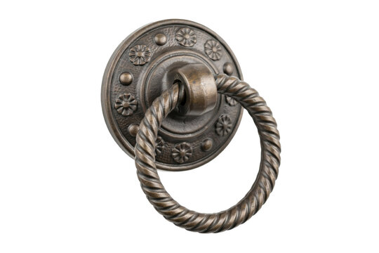 Antique bronze door knocker with twisted ring and floral embossed circular backplate isolated on a transparent background