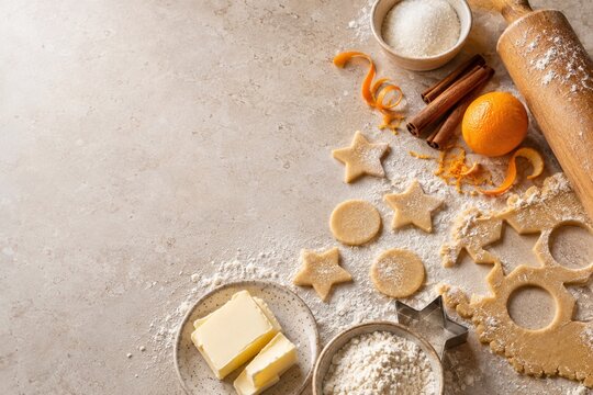 Holiday cookie baking preparation with cinnamon and orange on a stone kitchen surface