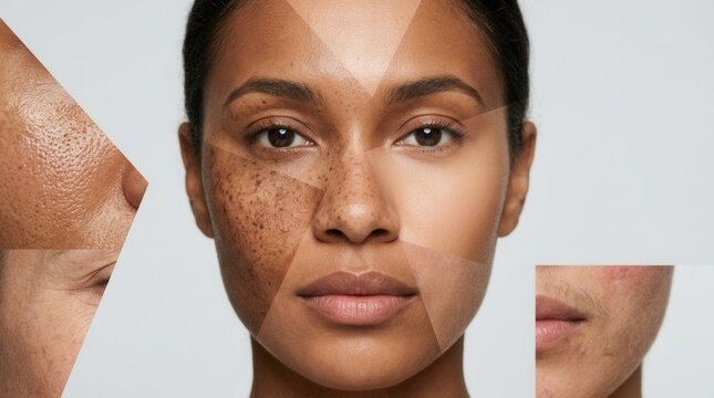 Various skin textures and types shown in a collage of a woman's face for skincare.