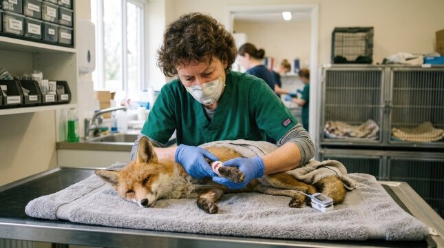 Wildlife rescue operation: medical treatment, veterinary care, injured fox, animal recovery, professional help, healing process, wild specialist, clinical support, humane practice.