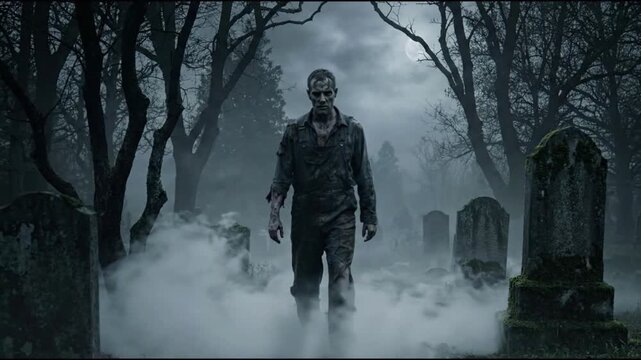 Mysterious man in dark coat walking through foggy cemetery at night
