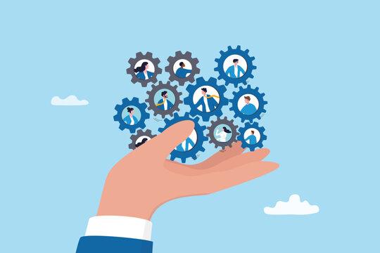 Team management, staff communication, brainstorm meeting or leadership to lead team to success, resource planning project, businessman hand holding cogwheels with staff and employee management.