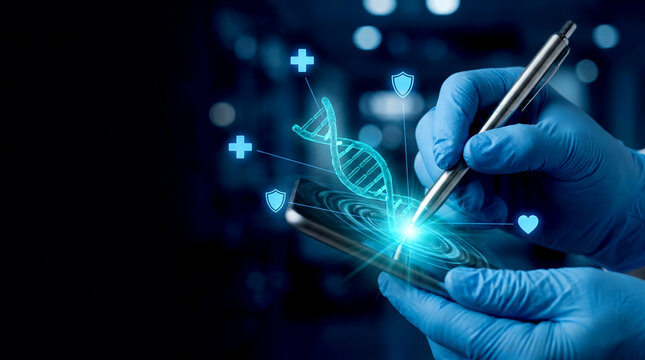 Medical professional's gloved hands interact with glowing DNA helix and digital health icons on tablet symbolizing advanced preventative care technology in futuristic clinical setting