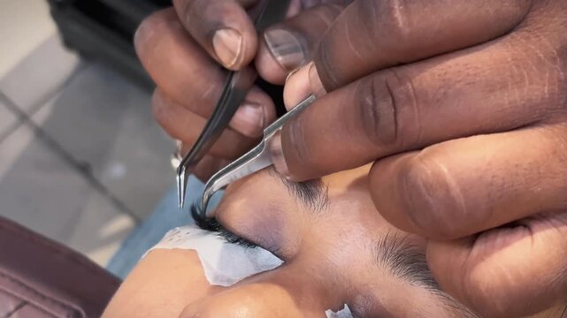 A detailed close-up of a lash professional using fine tweezers to carefully position individual eyelashes, demonstrating precision and technique during an eyelash enhancement treatment.