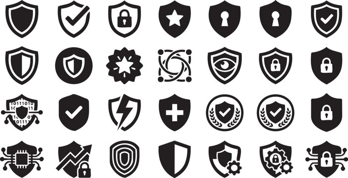 Black Shield Security and Protection Icons Collection for Cybersecurity Interface Design