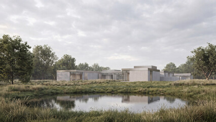 Fototapeta premium Modern concrete villa beside pond in nature landscape. Minimalist glass architecture with flat roof, grass meadow and tree for luxury real estate design, eco residence and countryside retreat