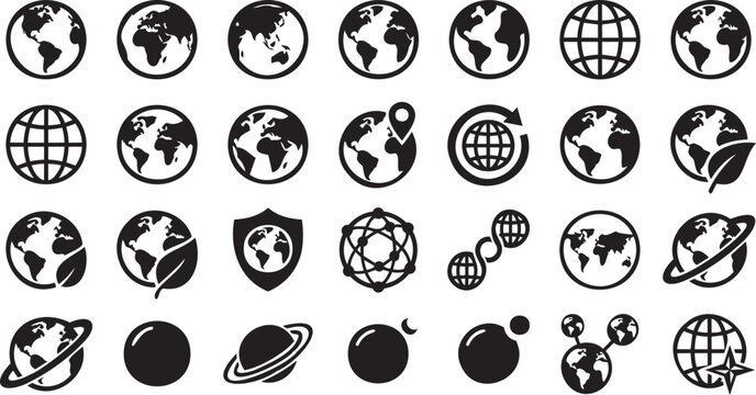 Minimal Black Earth Globe Icons and Global Network Symbols for Digital Design