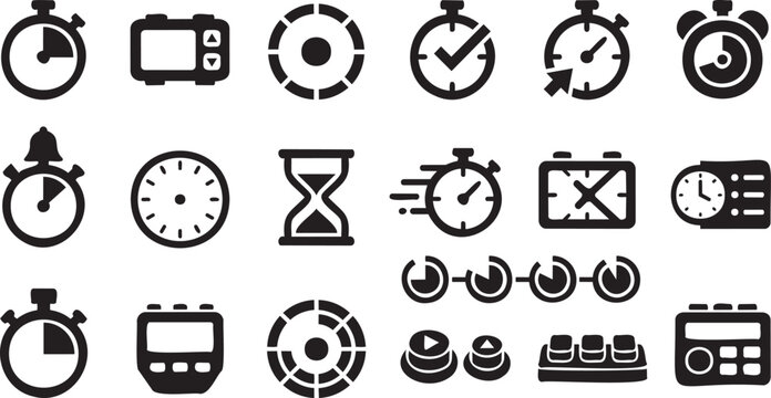 Black Stopwatch and Timer Icons Collection for Time Management and Productivity