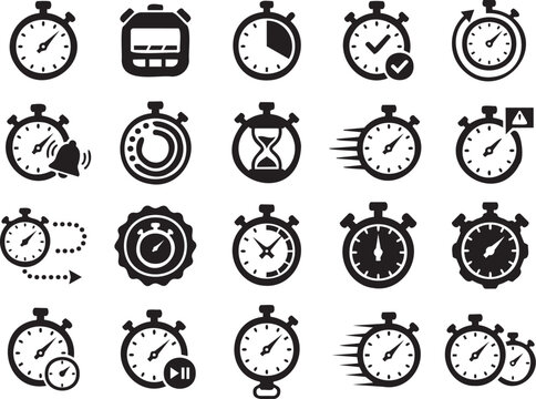 Minimal Black Stopwatch and Clock Symbols Collection for Time Tracking and Sports