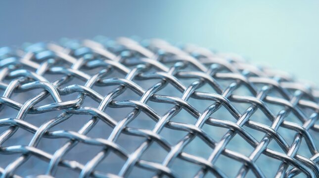 Repeating grid pattern of woven stainless-steel wire mesh with cool blue reflections.