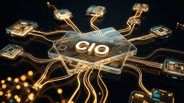 Futuristic tech-driven interface showing a CIO organizational hierarchy and digital network.