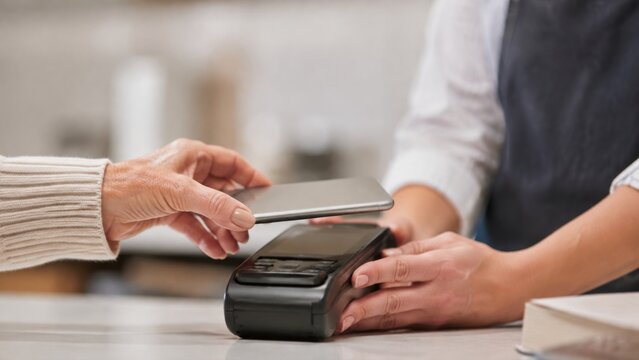 Senior customer uses a smartphone for a contactless payment at a checkout terminal held by a cashier, showcasing modern digital finance technology