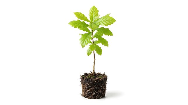 Young oak tree sapling with green leaves and root ball isolated on white background