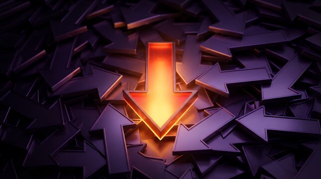 Glowing orange arrow pointing down among dark purple arrows, concept of financial decrease or market crash, downward trend and economic crisis