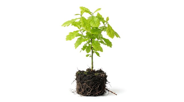 Small young oak tree sapling with a root ball of soil isolated on a white background for gardening and environmental concepts