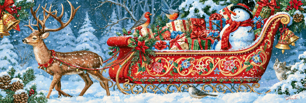 Roter Rentierschlitten mit Schneemann, Tannenzweigen und Stechpalmen, Farben Rot, Gr&uuml;n und Creme, nostalgischer Illustrationsstil, f&uuml;r Weihnachtskarte und Social-Media-Post.