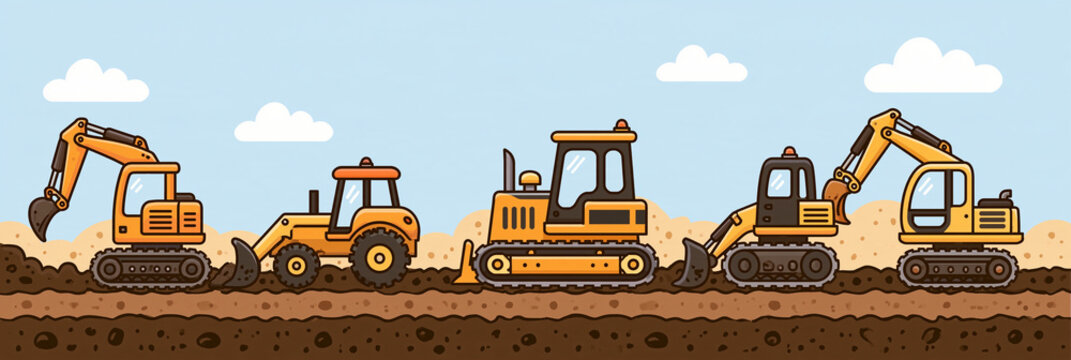 Gelb-orange Bagger, Bulldozer und Radlader auf brauner Erde vor blauem Himmel mit Wolken, flache Zeichentrick-Illustration f&uuml;r Kinderzimmer-Bord&uuml;ren, Kinderb&uuml;cher und Baustellen-Werbung.