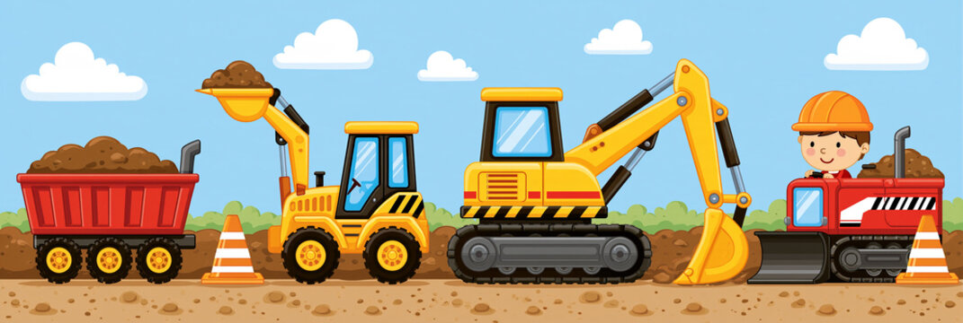 Roter Kipplaster, gelber Baggerlader und Bagger mit Bauarbeiter im orangen Schutzhelm auf Erdboden vor blauem Himmel, Zeichentrick-Illustration f&uuml;r Kinderb&uuml;cher und Bildungsmaterial.