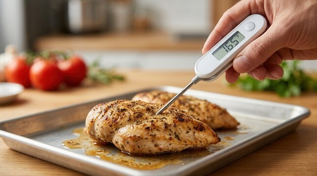Professional cook measuring internal temperature of grilled chicken breast with digital thermometer.