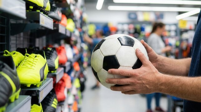 Person selecting a classic soccer ball from shelves in a sports equipment shop.