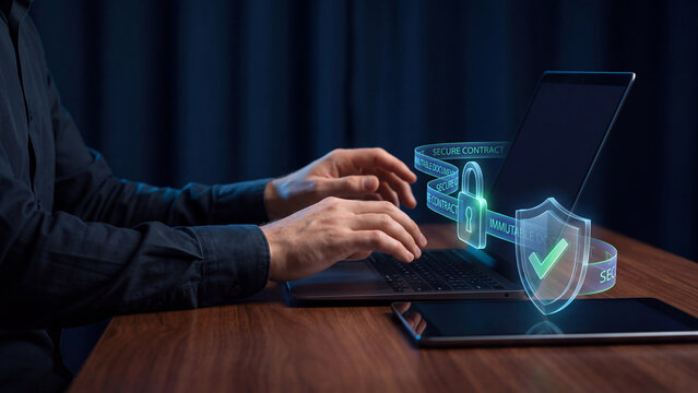 Smart contract and document security concept. Man using laptop with digital padlock, shield and immutable data ribbon for blockchain encryption, legal agreement compliance and privacy control