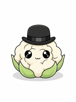 A cute cartoon cauliflower character with large, expressive eyes smiles. It's topped with a sophisticated black bowler hat and surrounded by green leaves at its base.