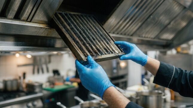A worker in blue gloves taking out a greasy kitchen exhaust filter