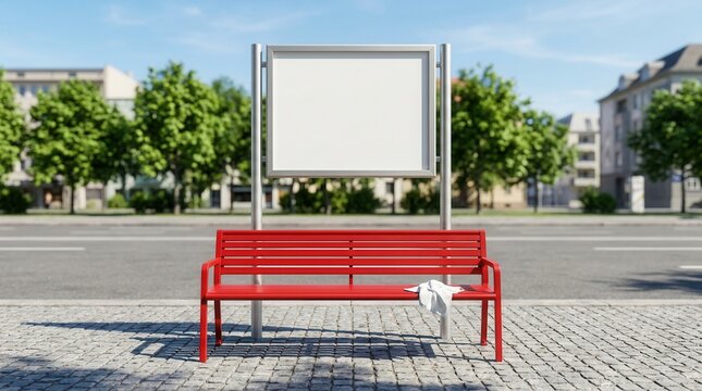 Blank timetable display at an empty bus depot with a red bench and cleaning cloth.