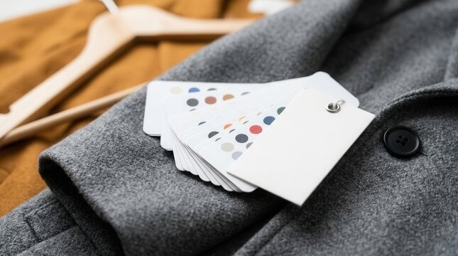 Gray winter coat featuring color-coded size cards and a blank white tag on a clothing hanger.