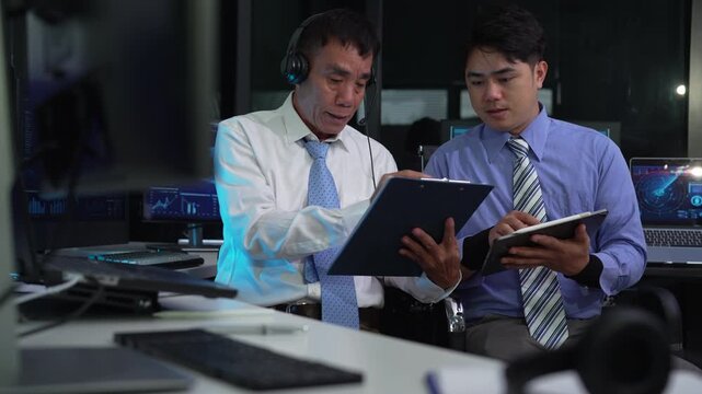 Air traffic controller monitors flight radar screens in a modern dark command center, aviation technology, flight safety, surveillance and precision.