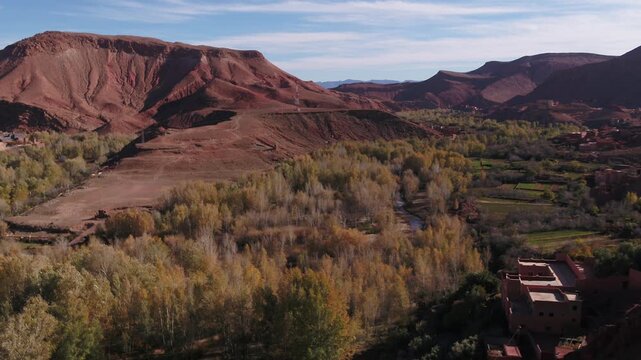 Elevated aerial view capturing golden autumn trees filling the Todra river valley beneath red canyon ridges with a traditional earthen house overlooking the landscape in Morocco.