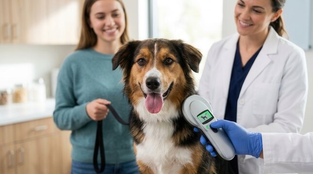 A professional veterinarian using a handheld microchip reader on a dog during a checkup.