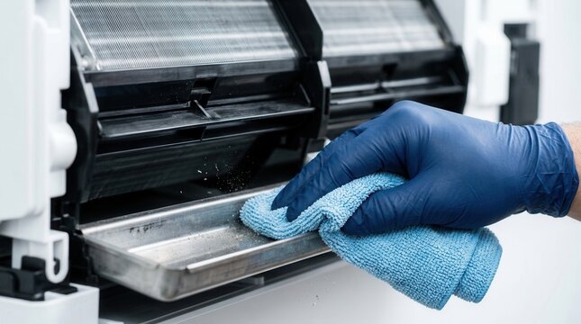 Professional HVAC maintenance showing a hand wiping the drain pan of a mini split unit with a cloth.