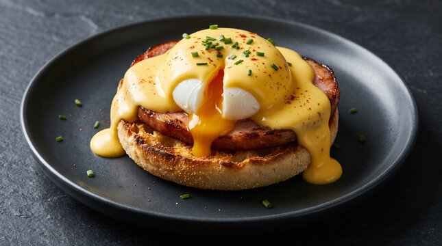 Gourmet breakfast eggs benedict with poached egg, savory Canadian bacon, and rich yellow hollandaise sauce dripping over toasted English muffins on a dark modern ceramic plate