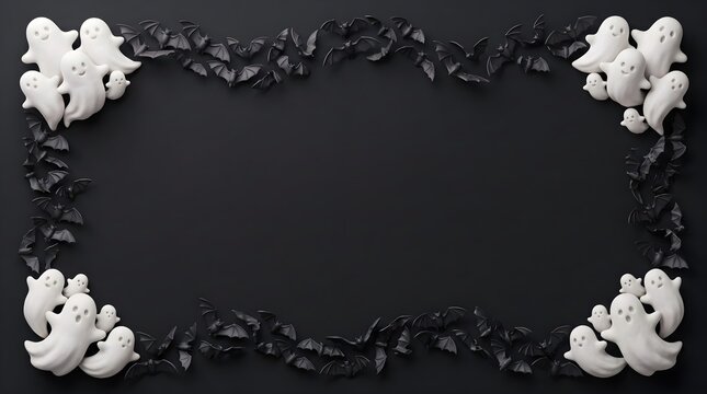 Decorative frame made of white ghost marshmallows on a black background for halloween